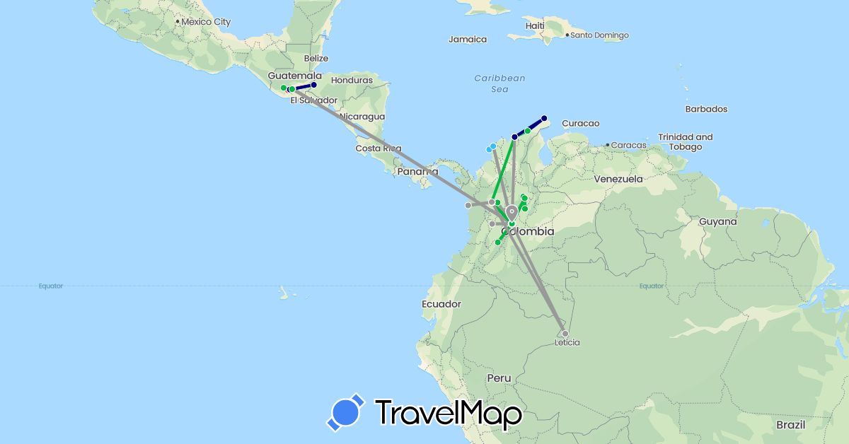 TravelMap itinerary: driving, bus, plane, hiking, boat in Colombia, Guatemala, Honduras (North America, South America)